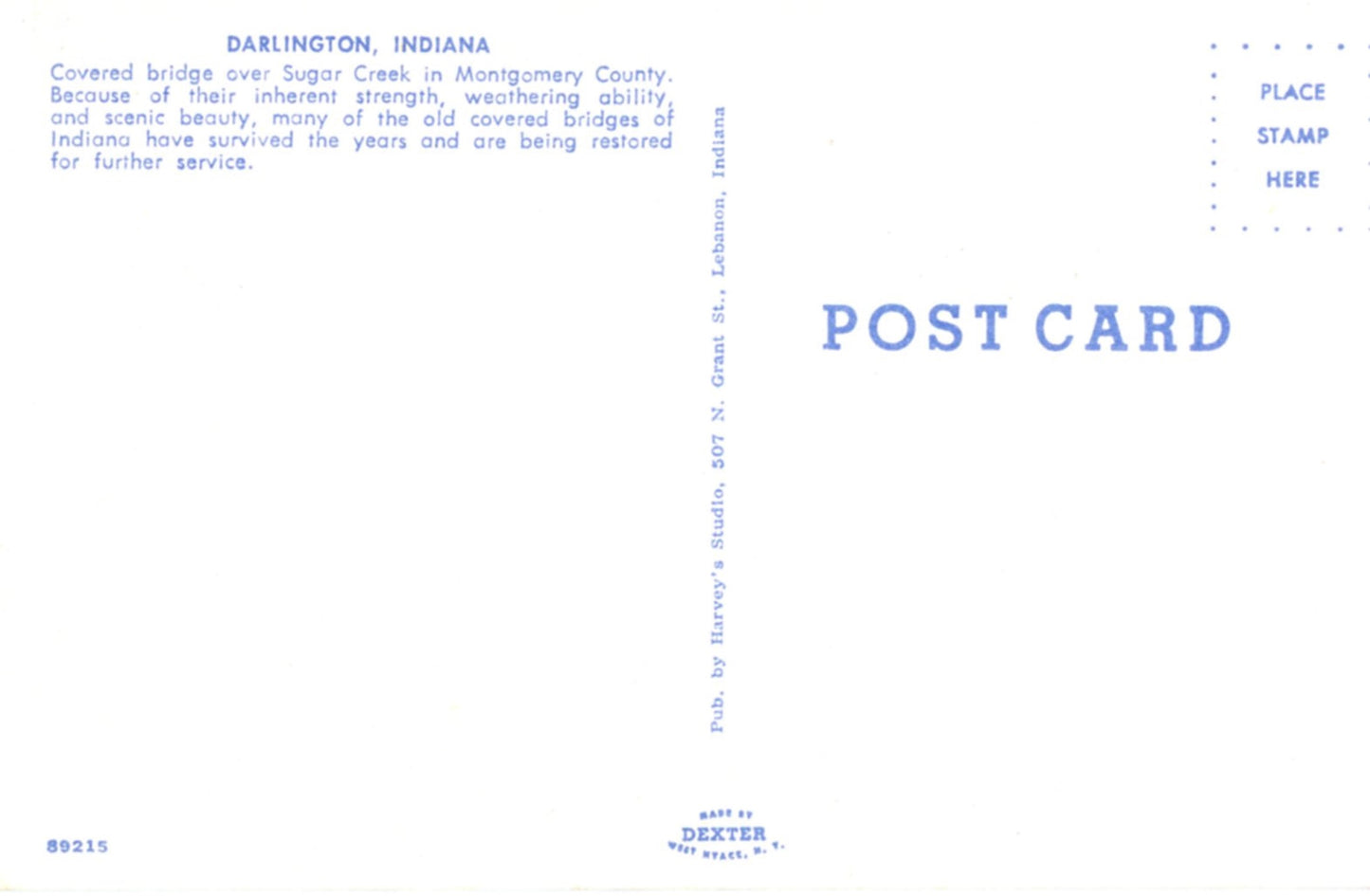 Sugar Creek Covered Bridge DARLINGTON INDIANA Vintage Postcard