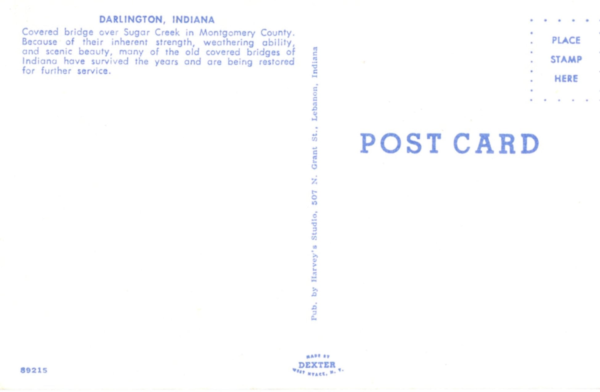 Sugar Creek Covered Bridge DARLINGTON INDIANA Vintage Postcard