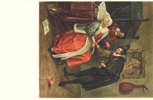 Vintage souvenir postcard from the Taft Museum located in Cincinnati, Ohio. Depicts the painting, "A Physician Visiting a Sick Girl" by Jan Steen (1626? - 1679)