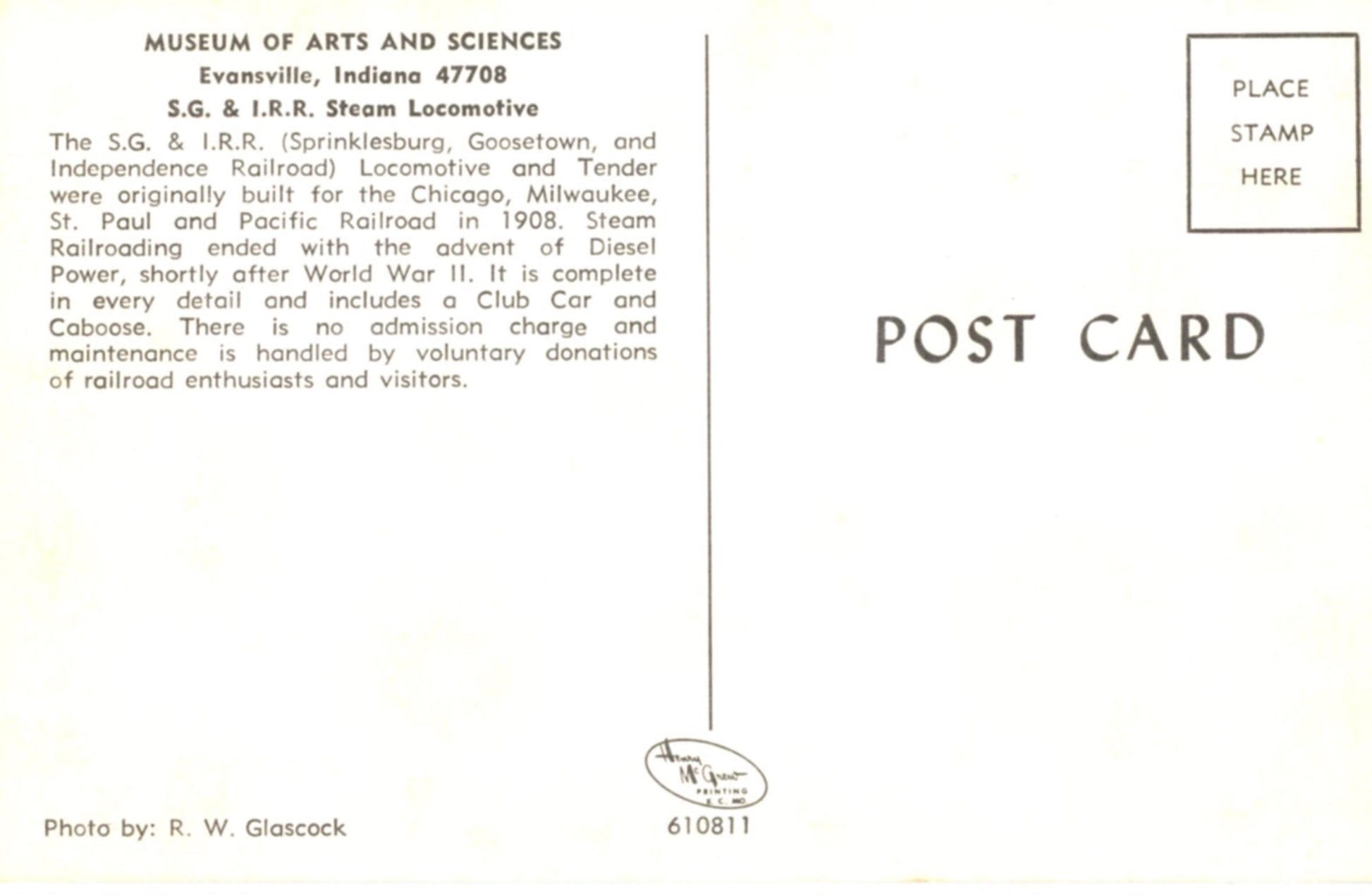 Railroad Steam Locomotive Museum of Arts and Sciences EVANSVILLE INDIANA Vintage Postcard
