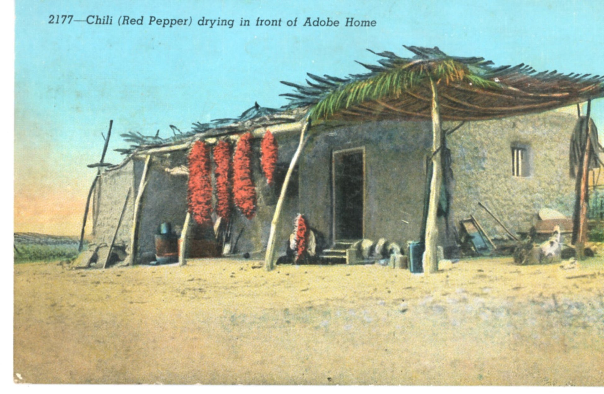 Chili Red Pepper Drying Adobe Home AMERICAN SOUTHWEST Vintage Linen Postcard Front