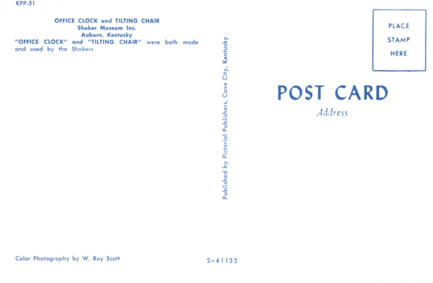 Shaker Museum Office Clock and Tilting Chair AUBURN KENTUCKY Vintage Postcard