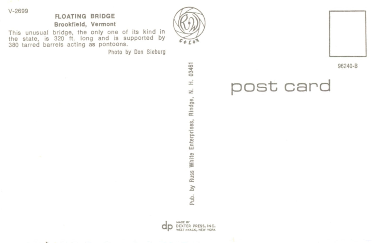 Floating Bridge BROOKFIELD VERMONT Vintage Postcard Deckle Edge