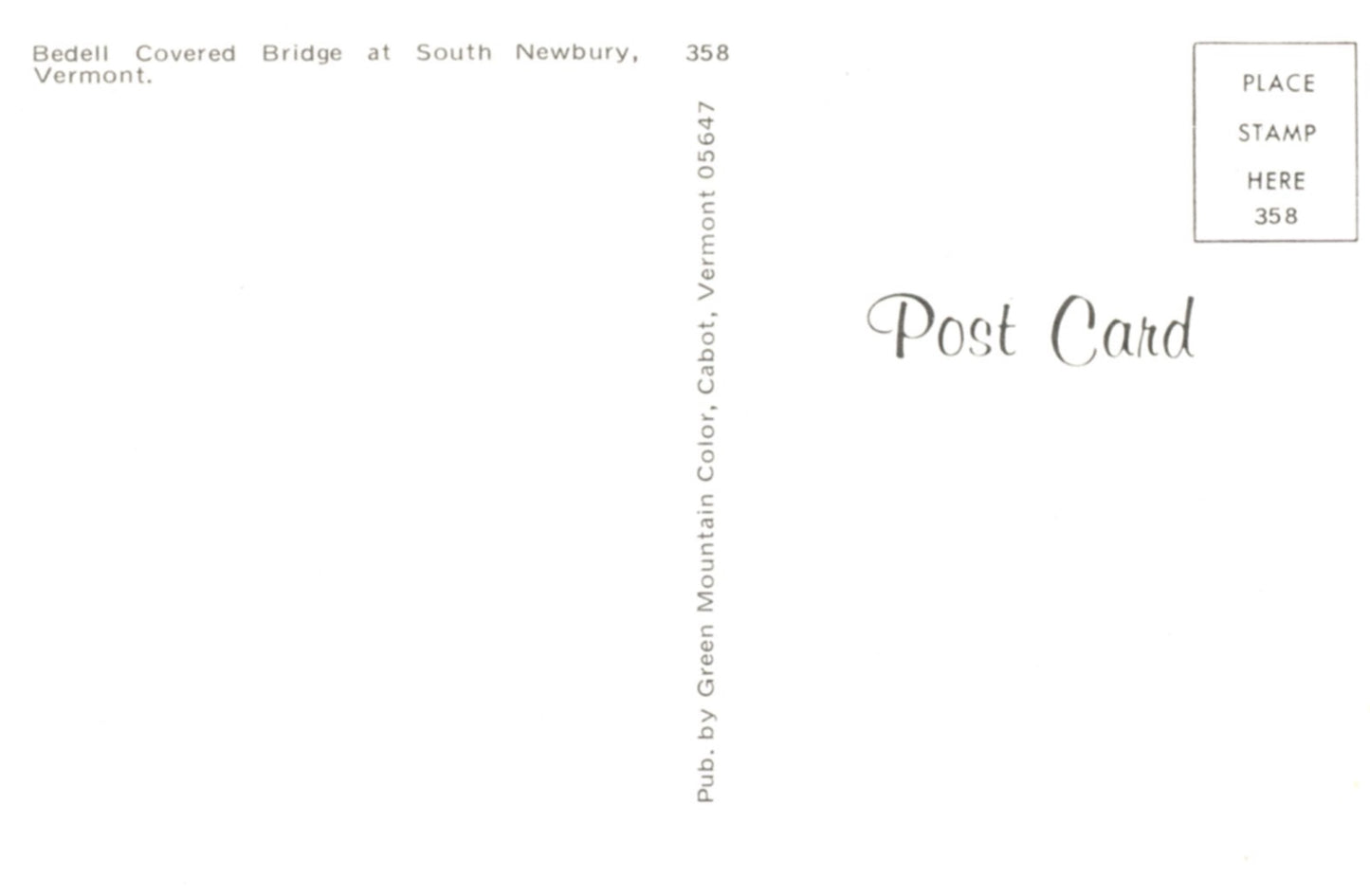 Bedell Covered Bridge SOUTH NEWBURY VERMONT Vintage Postcard Back