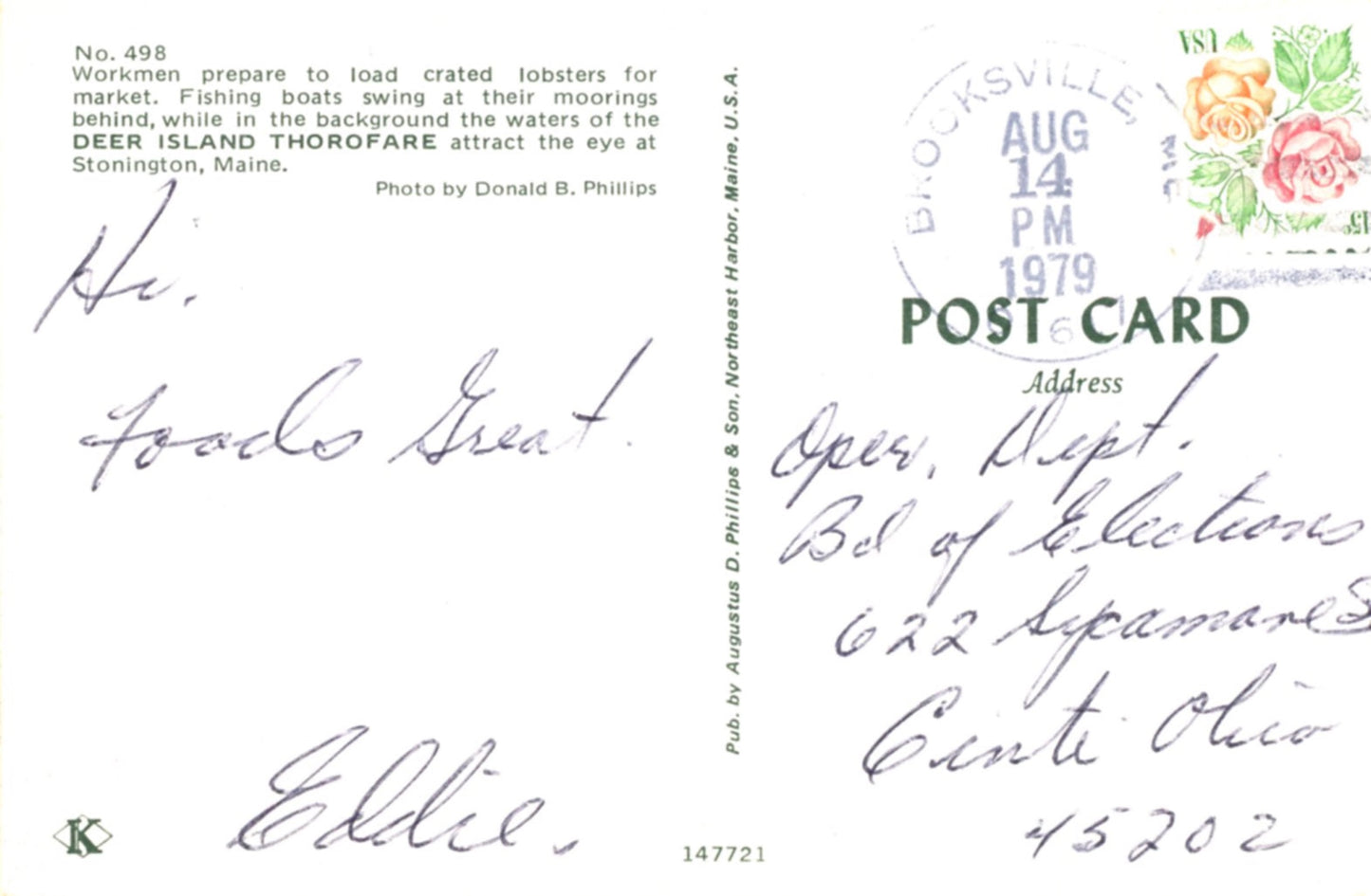 Lobstermen at Deer Island Thorofare STONINGTON MAINE Vintage Postcard ©1970's
