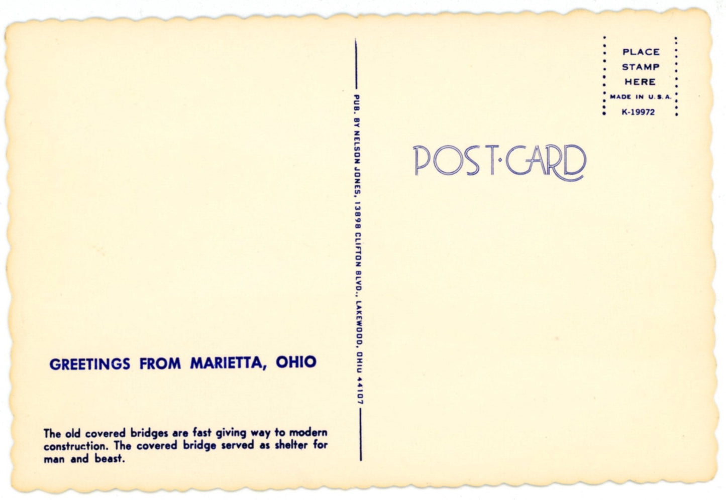 Old Covered Bridge MARIETTA OHIO Vintage Large Postcard 4" x 6" Back