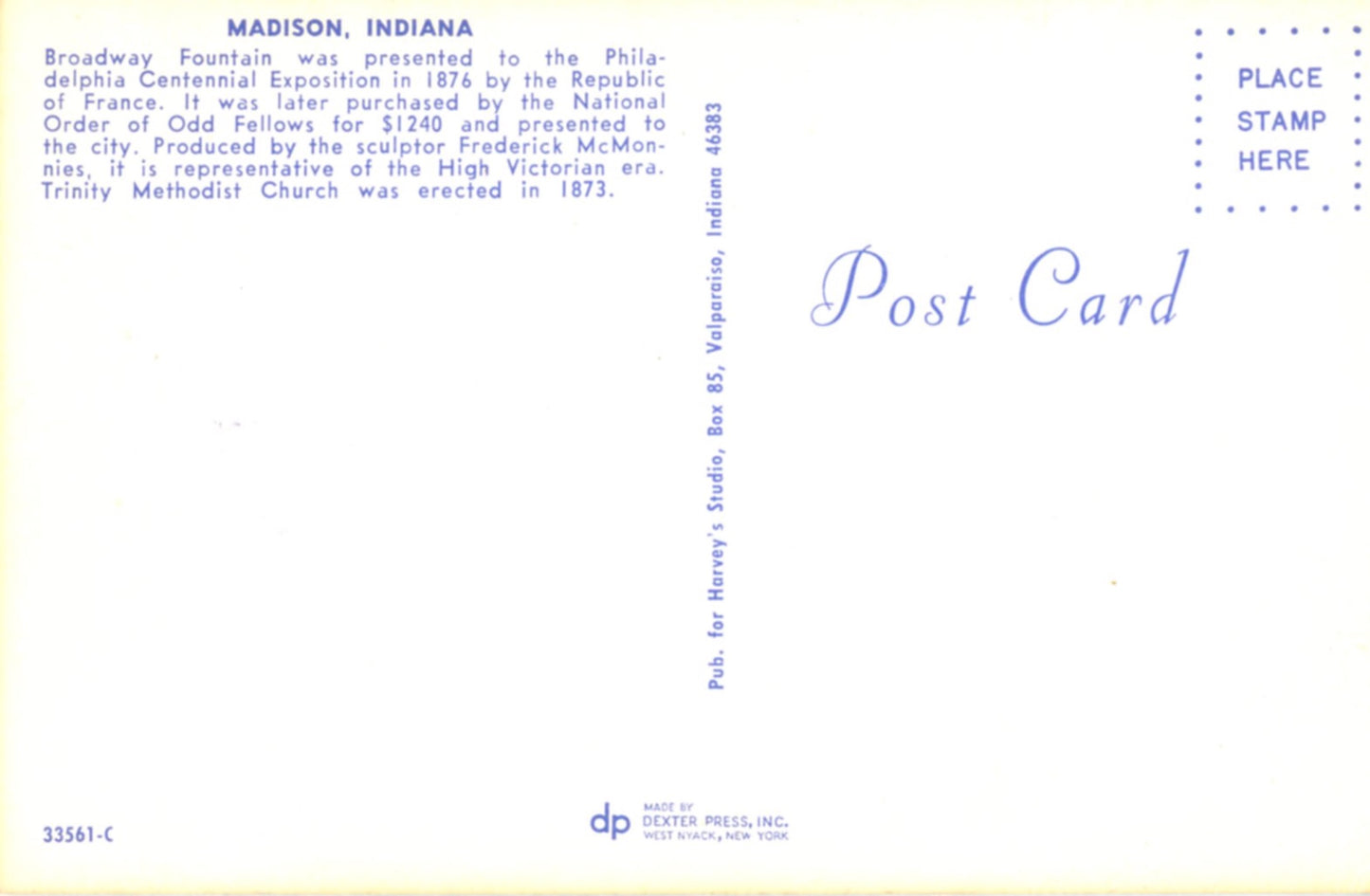 Broadway Fountain MADISON INDIANA Vintage Postcard