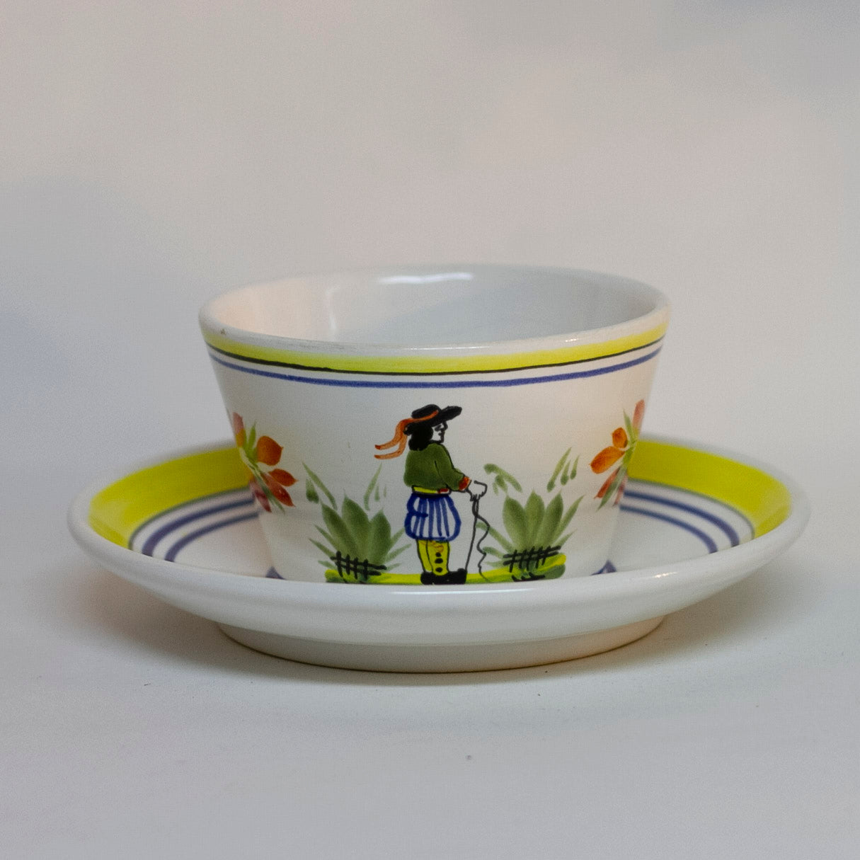 Vintage Hand Painted French Faïence Quimper by HENRIOT White Glaze with Peasant Man FLAT CUP & SAUCER Circa 1968 - 1983