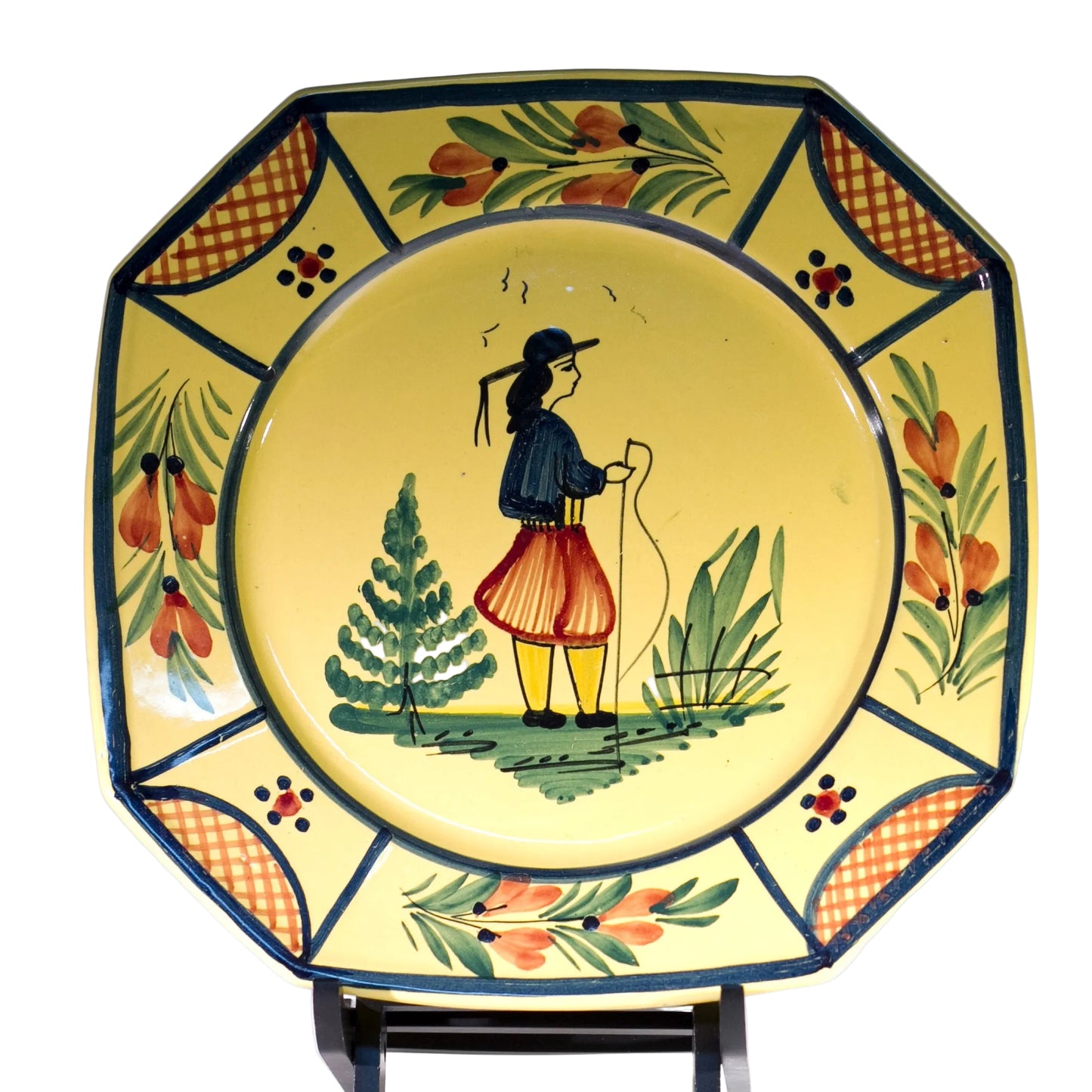 Vintage Hand Painted French Faïence by HB QUIMPER OCTAGONAL DINNER PLATE Peasant Man and Lattice Circa 1922 - 1942