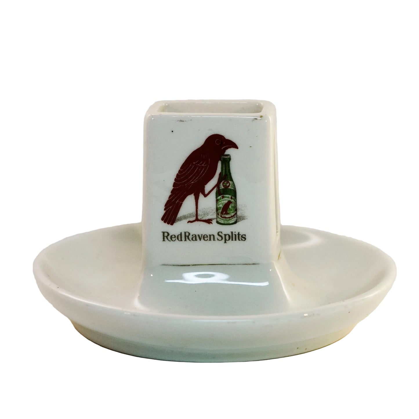 RED RAVEN SPLITS "ASK THE MAN" Porcelain Advertising Double- Logo Match Holder Circa Early 1900s
