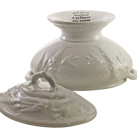 MINIATURE WHITE IRONSTONE Footed Covered Soup Tureen Imported by A De Forest of Ann Arbor Circa 19th Century