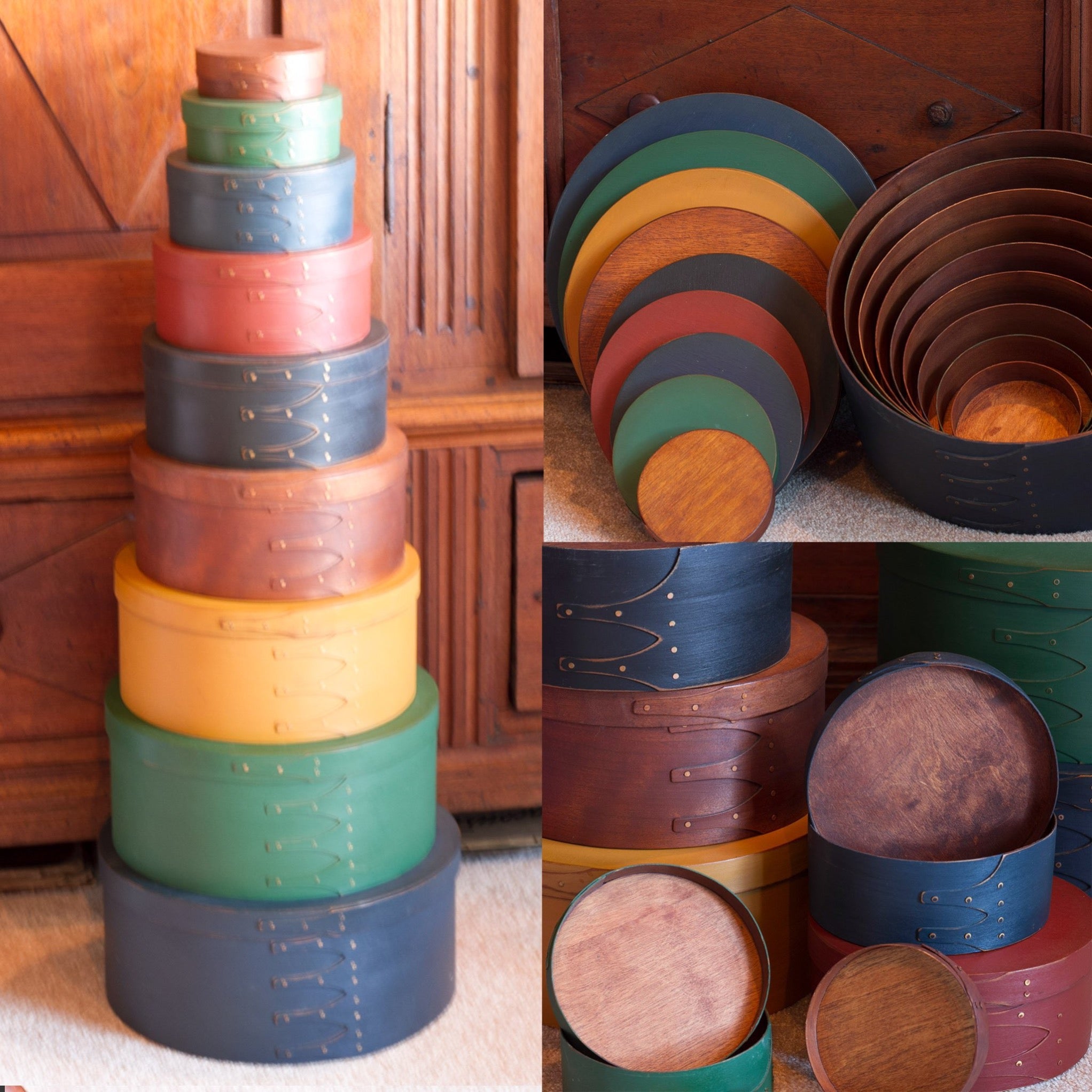 Beautiful set of Shaker selling style maple wood circular pantry boxes with copper rivets