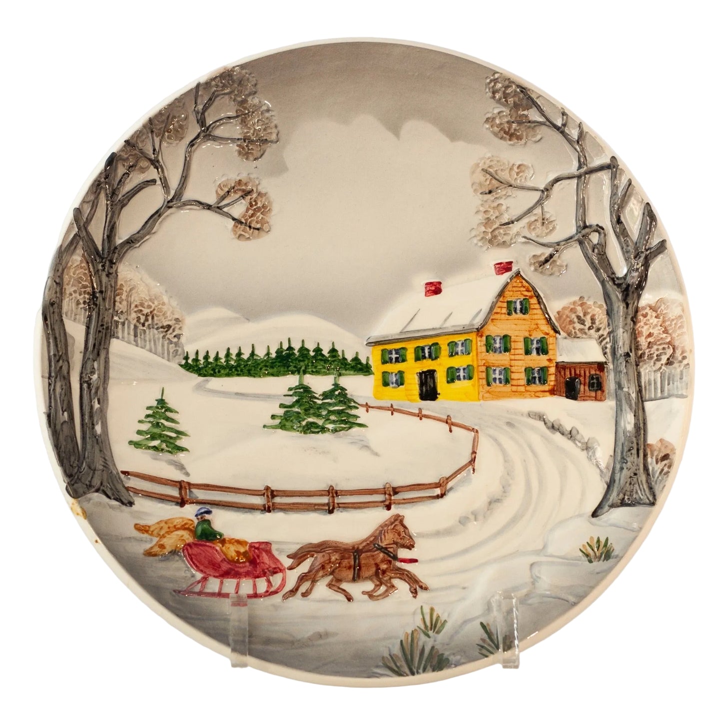 GERMANY CERAMIC PLATE Hand Painted Snowy Winter Sleigh Ride Circa 1950s