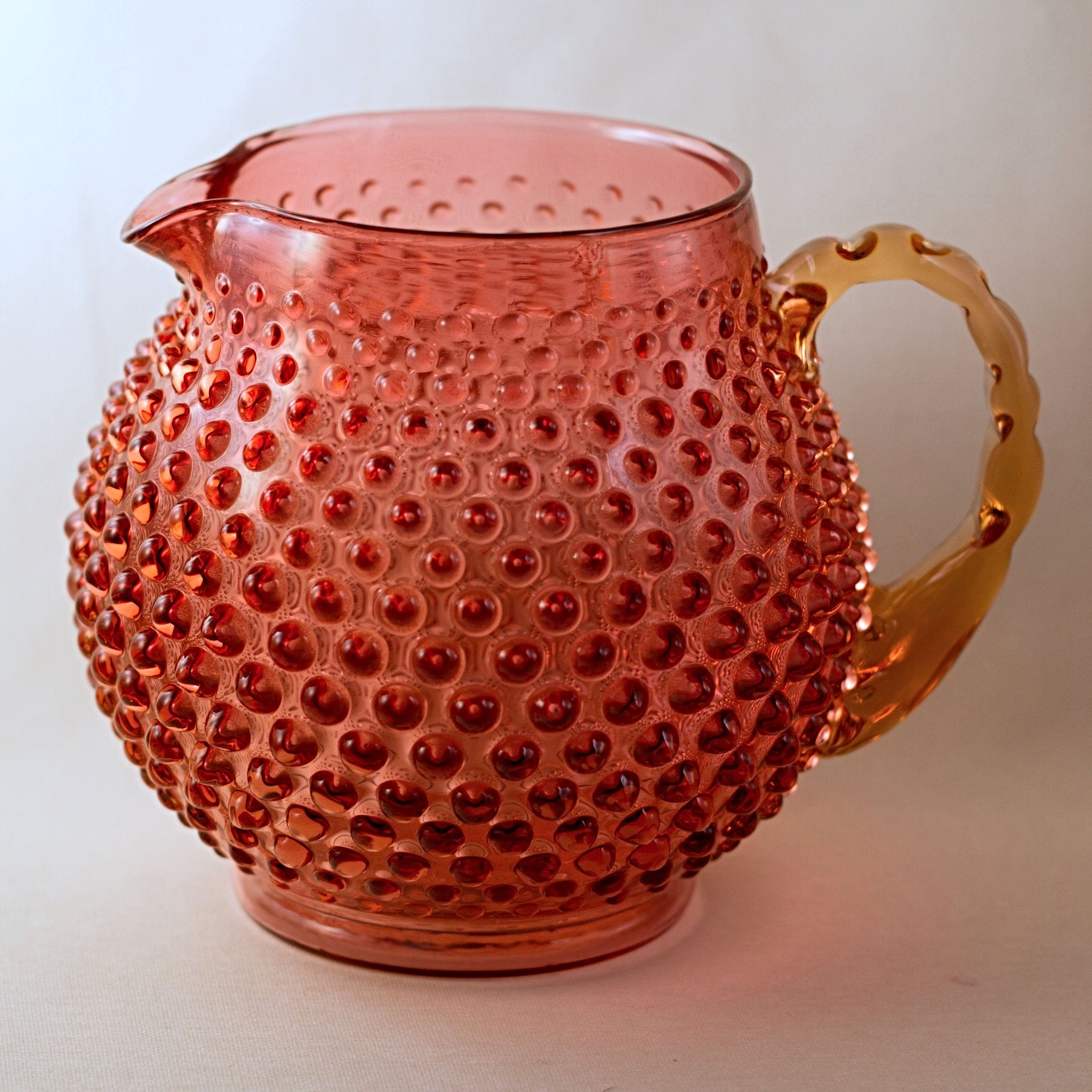 Vintage 40s Fenton Cranberry Opalescent Hobnail Crimped offers Handle Jug Creamer 4.75