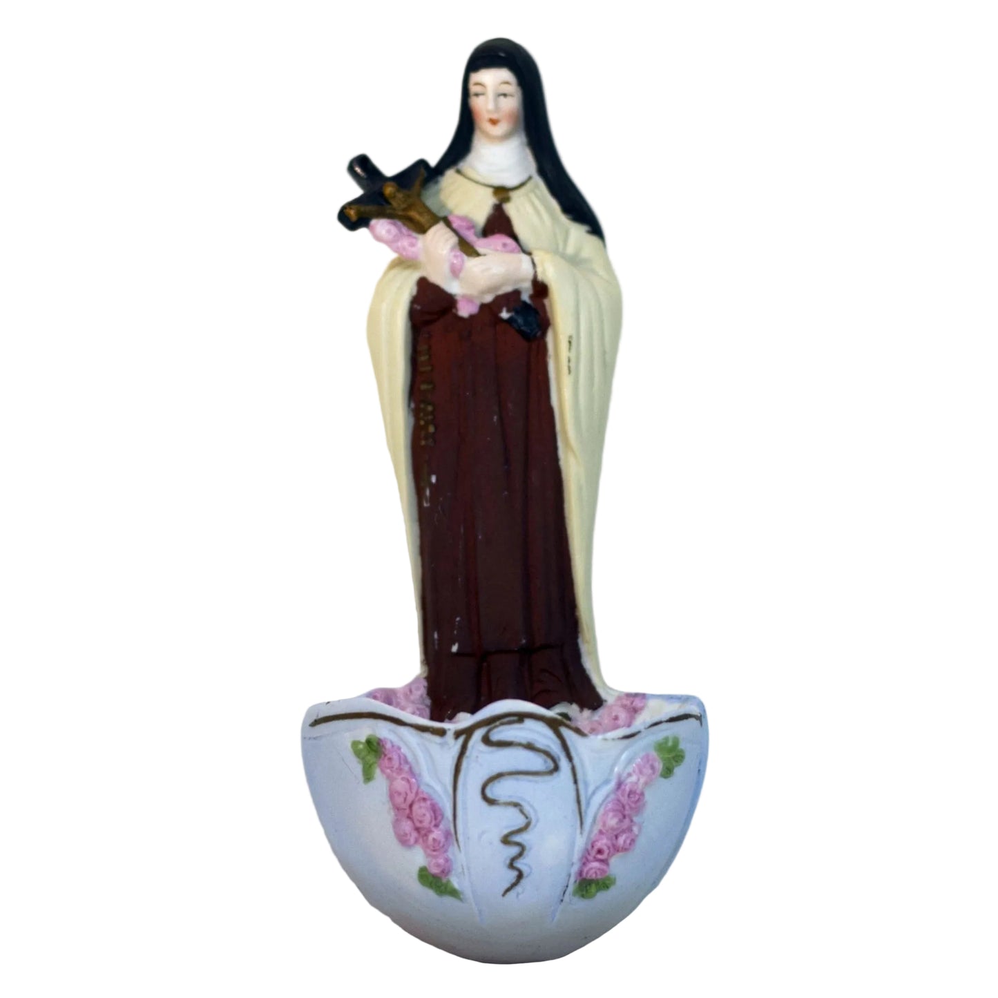 Vintage German HOLY WATER FONT Depicting ST. THERESE OF LISIEUX Colorfully Hand-Painted Bisque