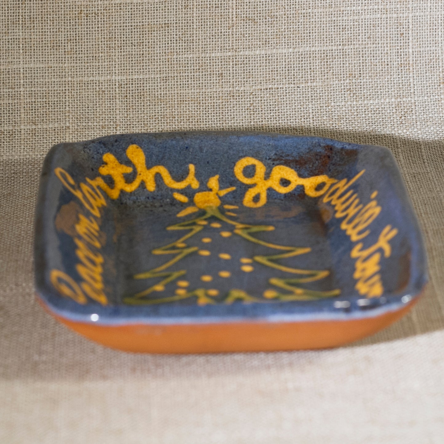 TURTLECREEK POTTERS Peace on Earth Redware 5" Dish Signed Mary Circa 1985