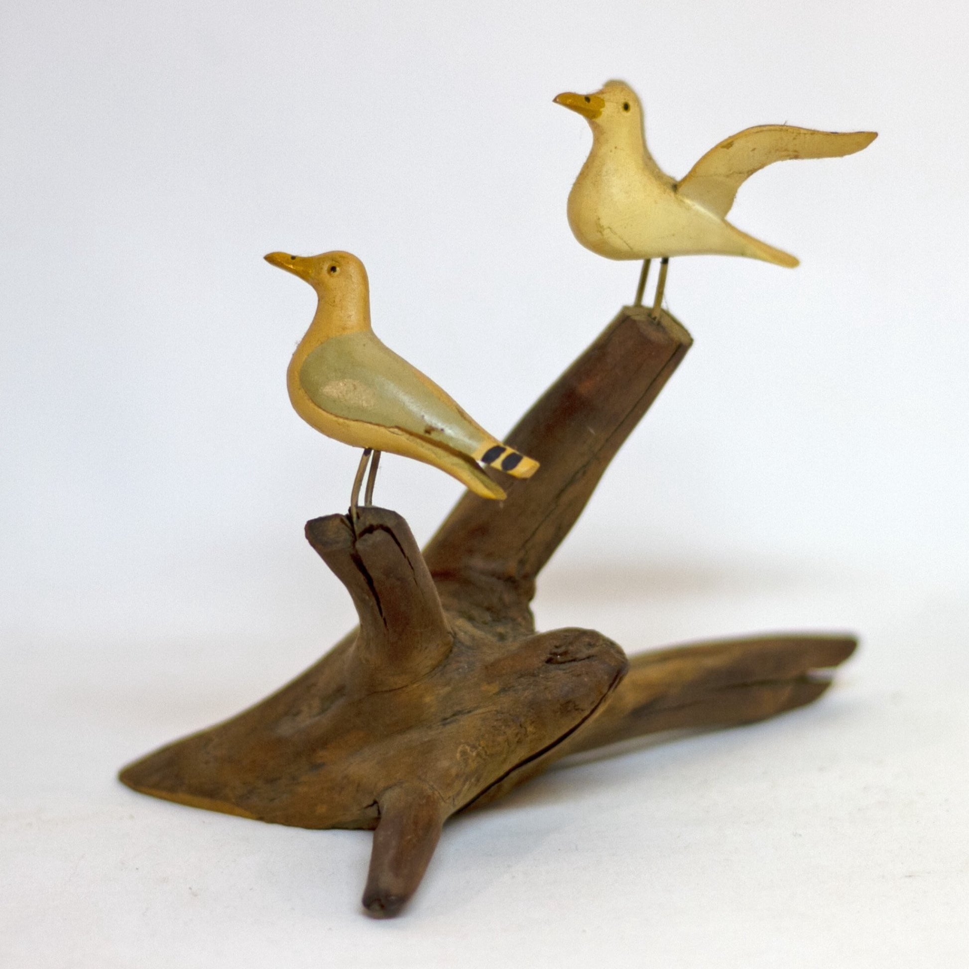 Hand Painted and Carved SEAGULLS WOOD SCULPTURE Marked Bar Harbor ME Circa 1980s