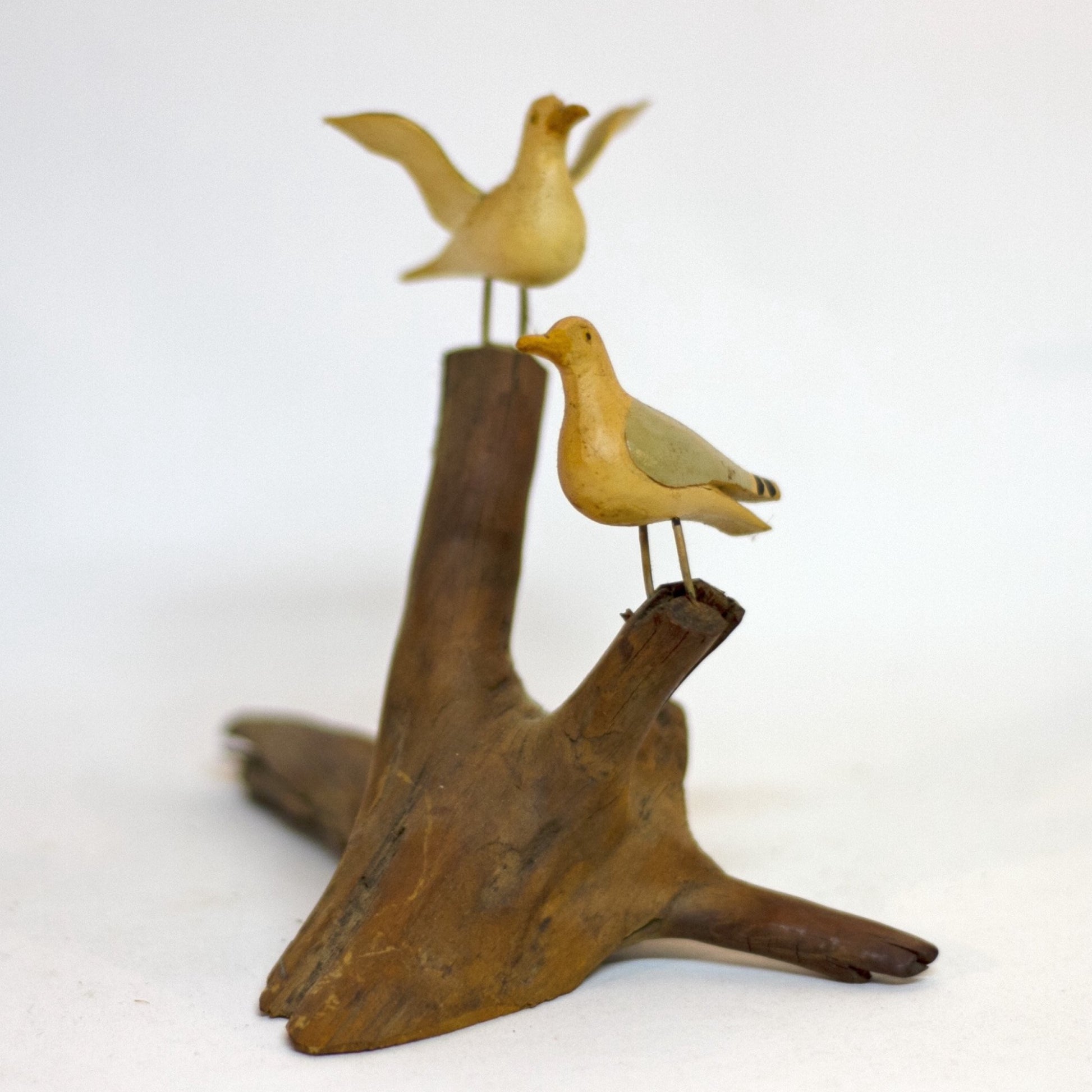 Hand Painted and Carved SEAGULLS WOOD SCULPTURE Marked Bar Harbor ME Circa 1980s
