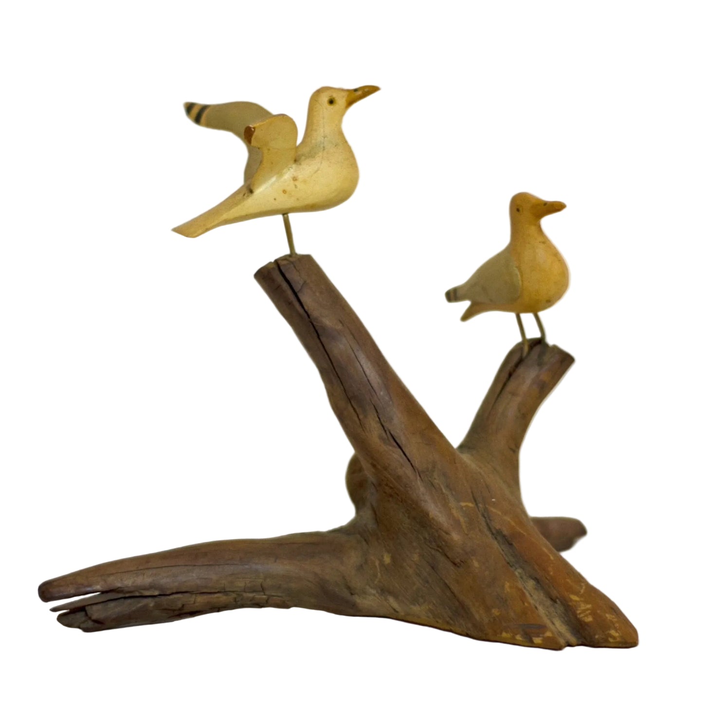 Hand Painted and Carved SEAGULLS WOOD SCULPTURE Marked Bar Harbor ME Circa 1980s