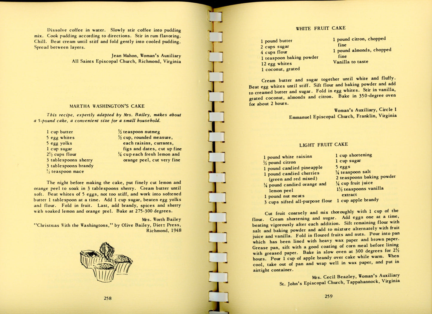 VIRGINIA COOKERY: Past & Present | Women's Auxiliary of Olivet Episcopal Church | Franconia, Virginia | 1993 ©1957 Sample recipes for fruit cake