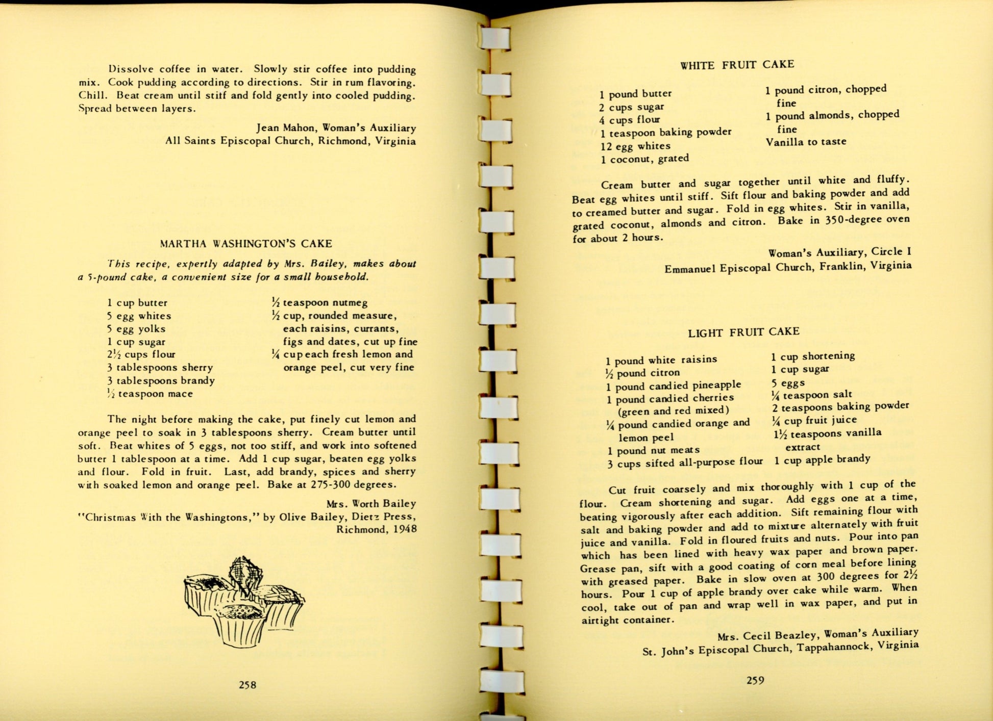 VIRGINIA COOKERY: Past & Present | Women's Auxiliary of Olivet Episcopal Church | Franconia, Virginia | 1993 ©1957 Sample recipes for fruit cake