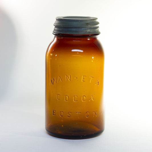 Vintage Amber Glass WAN-ETA COCOA Quart-Size Mason Jar Distributed by the Massachusetts Chocolate Company of Boston Circa 1920 to 1930