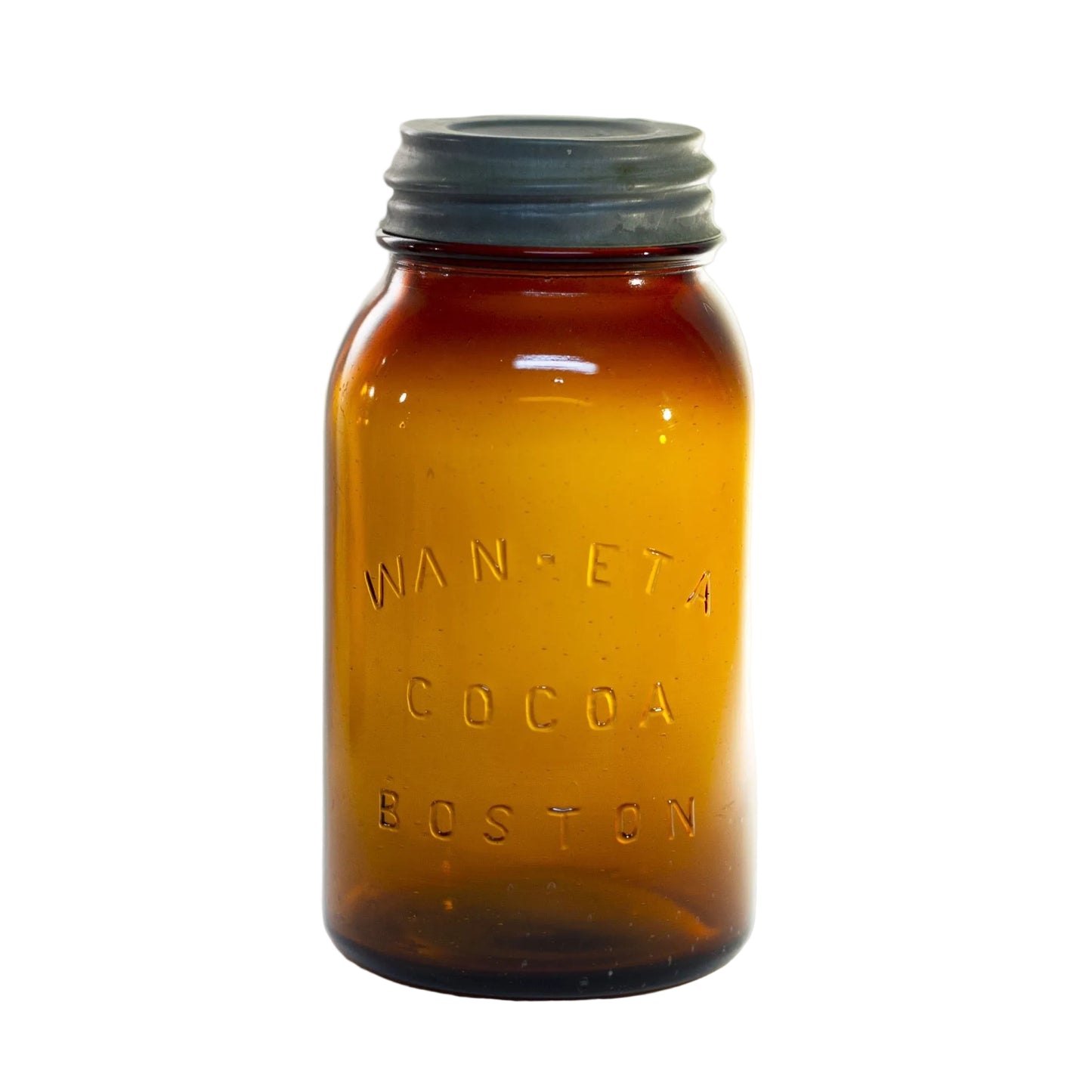 Vintage Amber Glass WAN-ETA COCOA Quart-Size Mason Jar Distributed by the Massachusetts Chocolate Company of Boston Circa 1920 to 1930