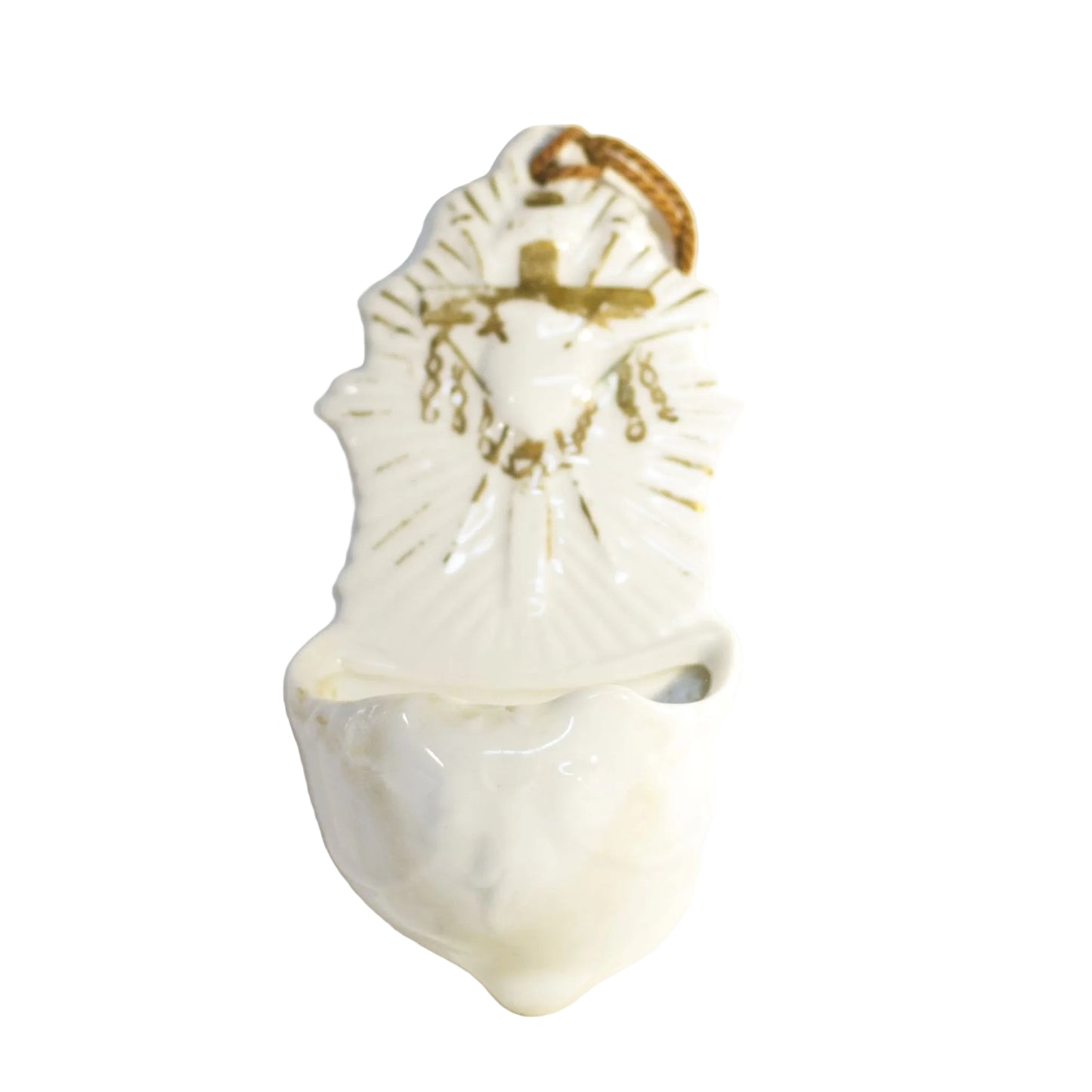 Vintage HOLY WATER FONT Depicting SACRED HEART, CROSS and CHAINS White Glazed Bisque with Hand-Painted Gold Gilt
