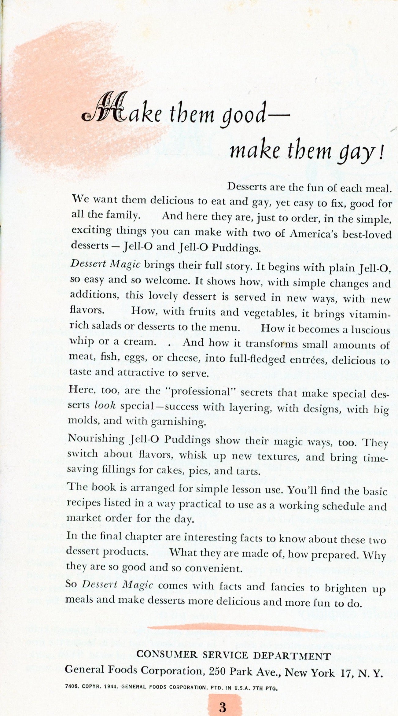 DESSERT MAGIC Vintage JELL-O Recipe Book Published by General Foods Corporation Circa 1944 Back