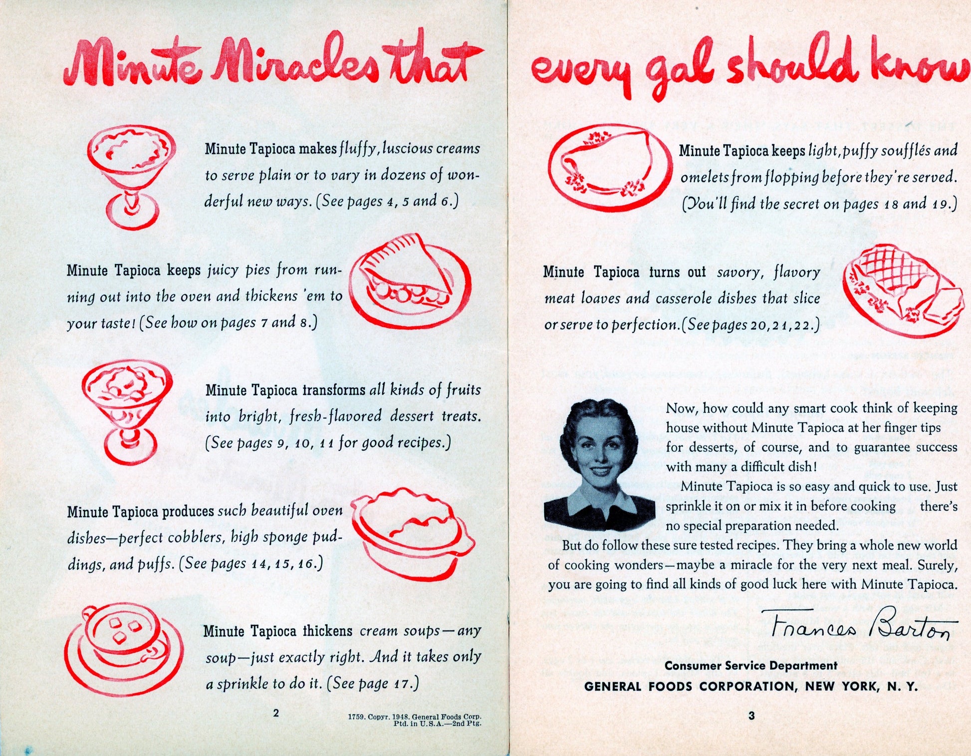 MIRACLES WITH MINUTE TAPIOCA Vintage Recipe Book Compiled by Frances Barton Published by General Foods Corporation Circa 1948
