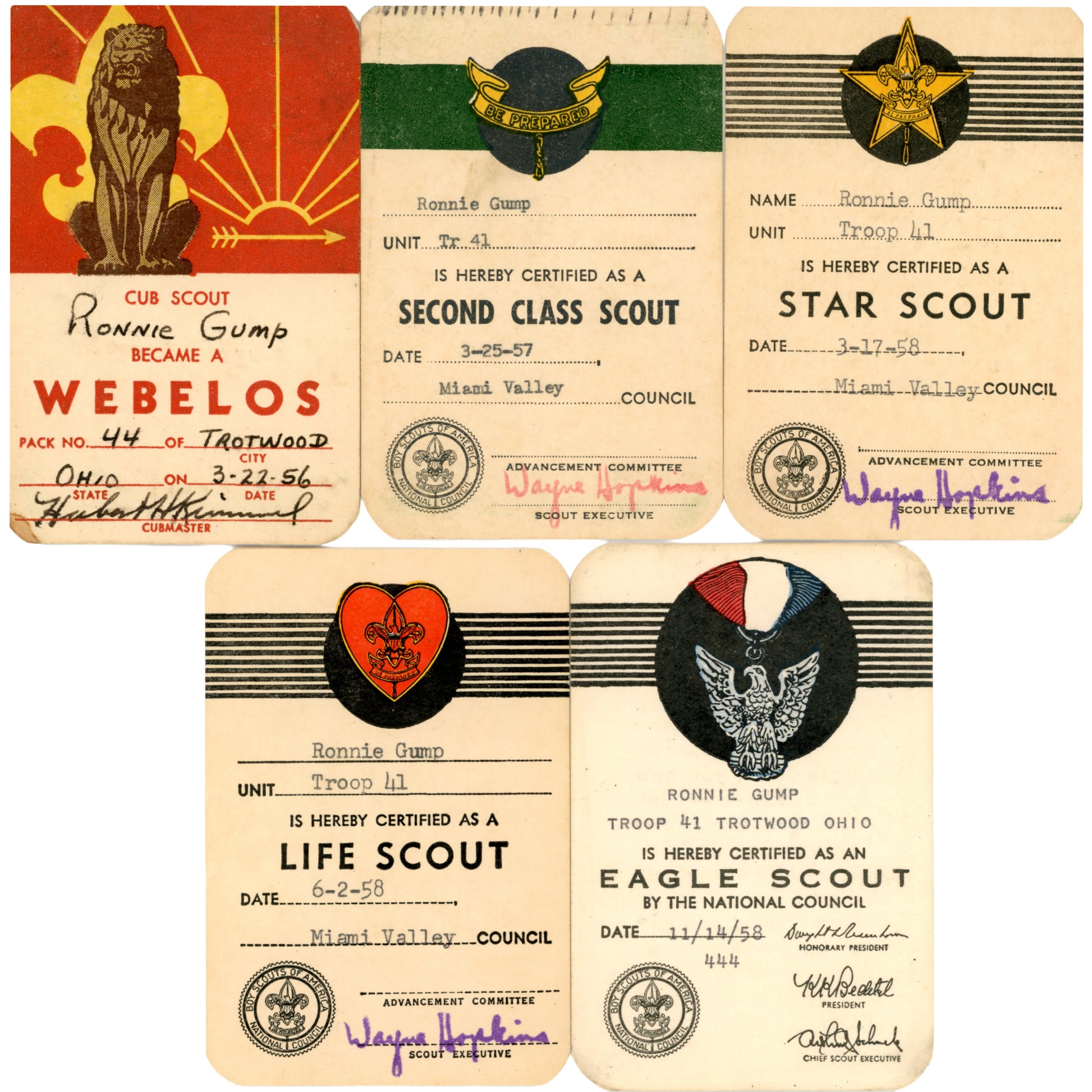 Complete 33-card Boy Scout archive documenting Ronnie Gump’s journey from Cub Scout to Eagle Scout, Trotwood Ohio, 1953-1959. 5 Advancement Cards Front