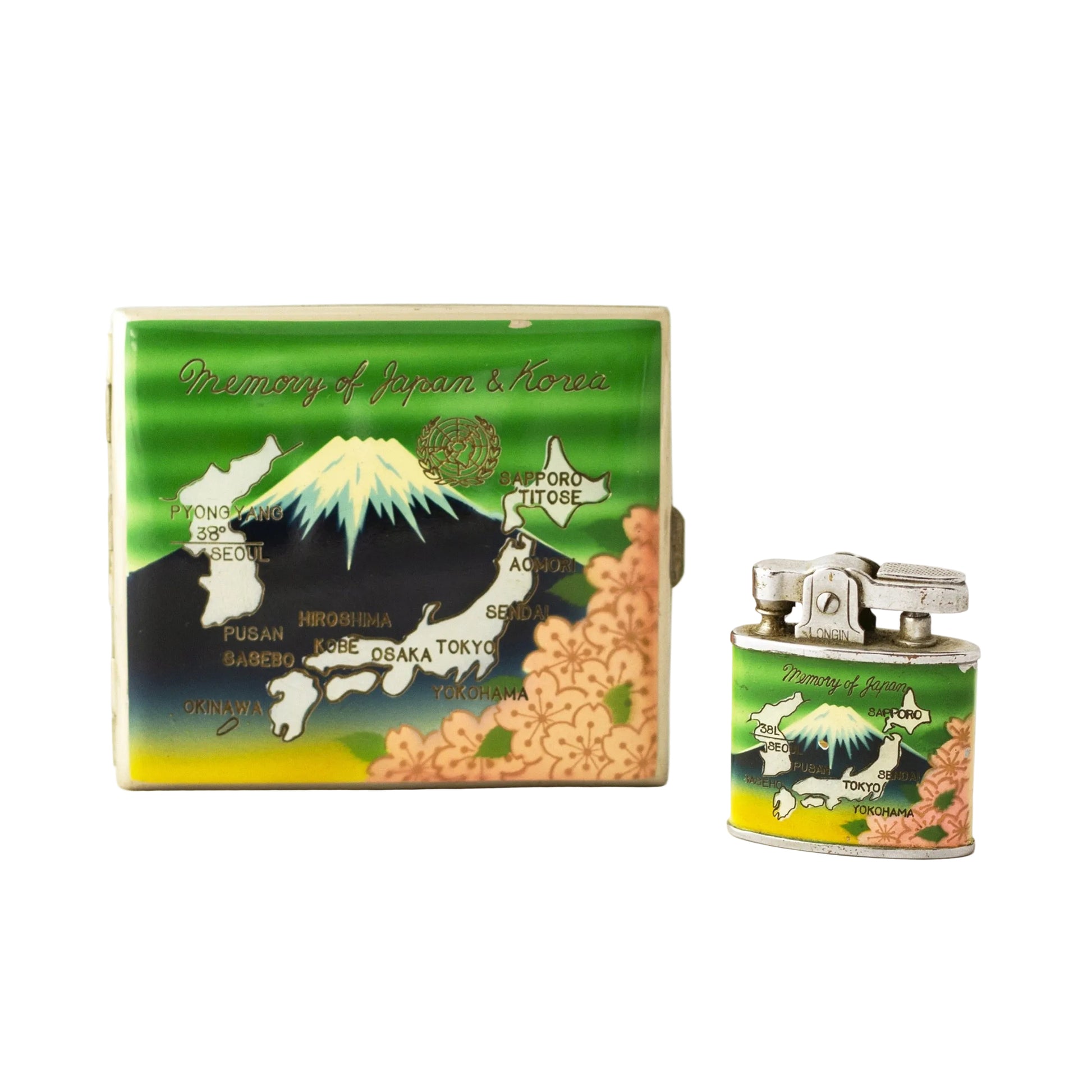 MEMORY OF JAPAN & KOREA CIGARETTE CASE and LIGHTER SET Pacific War of World War II Souvenir 