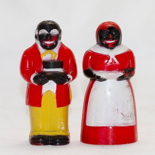 Molded Plastic AUNT JEMIMA & MOSE SHAKERS 3 ½”  Black Americana Circa 1940s