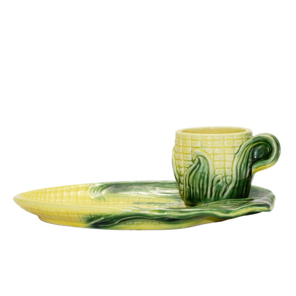 Vintage Stanford Pottery Corn Line Snack Plate & Cup Set #709 – Majolica Style, Ohio, 1940s (2)