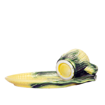 Vintage Stanford Pottery Corn Line Snack Plate & Cup Set #709 – Majolica Style, Ohio, 1940s (3)