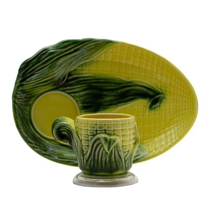 Vintage Stanford Pottery Corn Line Snack Plate & Cup Set #709 – Majolica Style, Ohio, 1940s (1)
