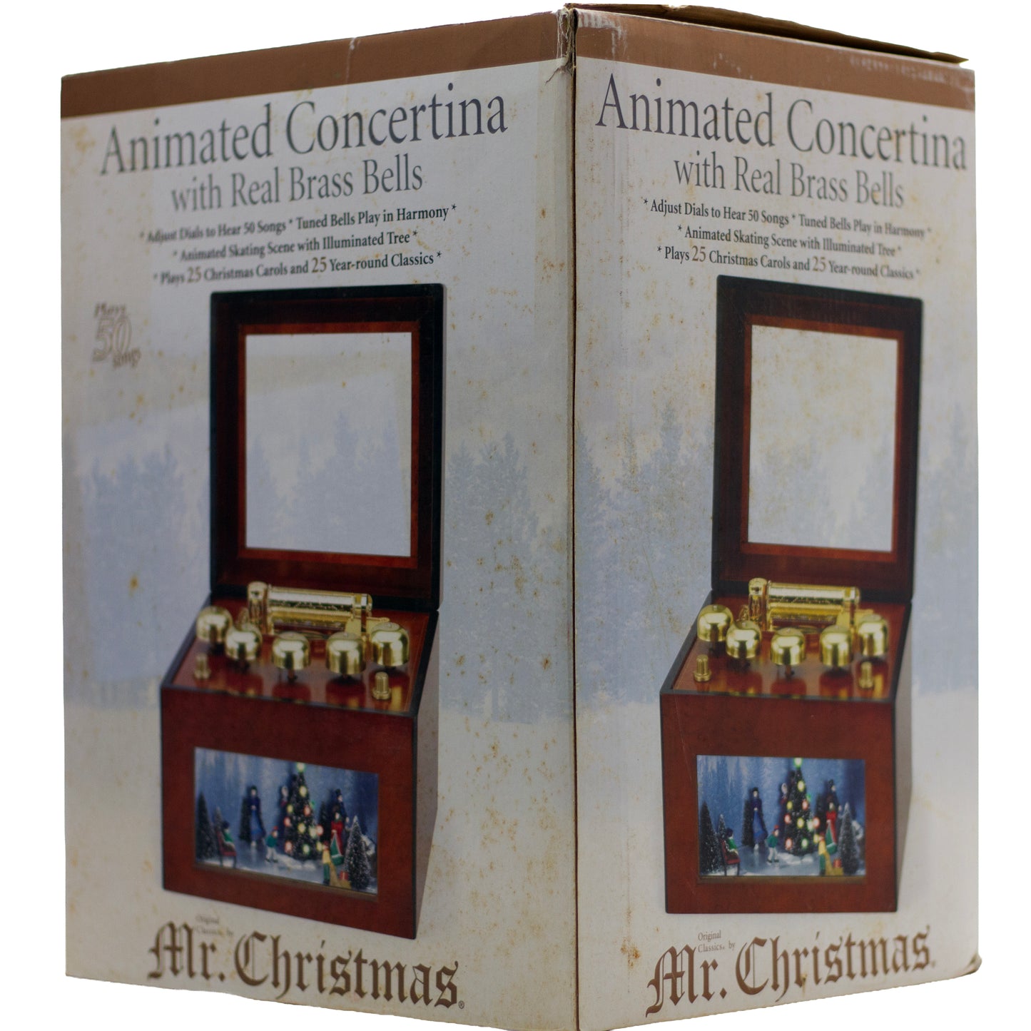 2006 Mr. Christmas Gold Label Animated Concertina with 50 songs, five real brass bells, animated skating scene, box, adapter and manual.