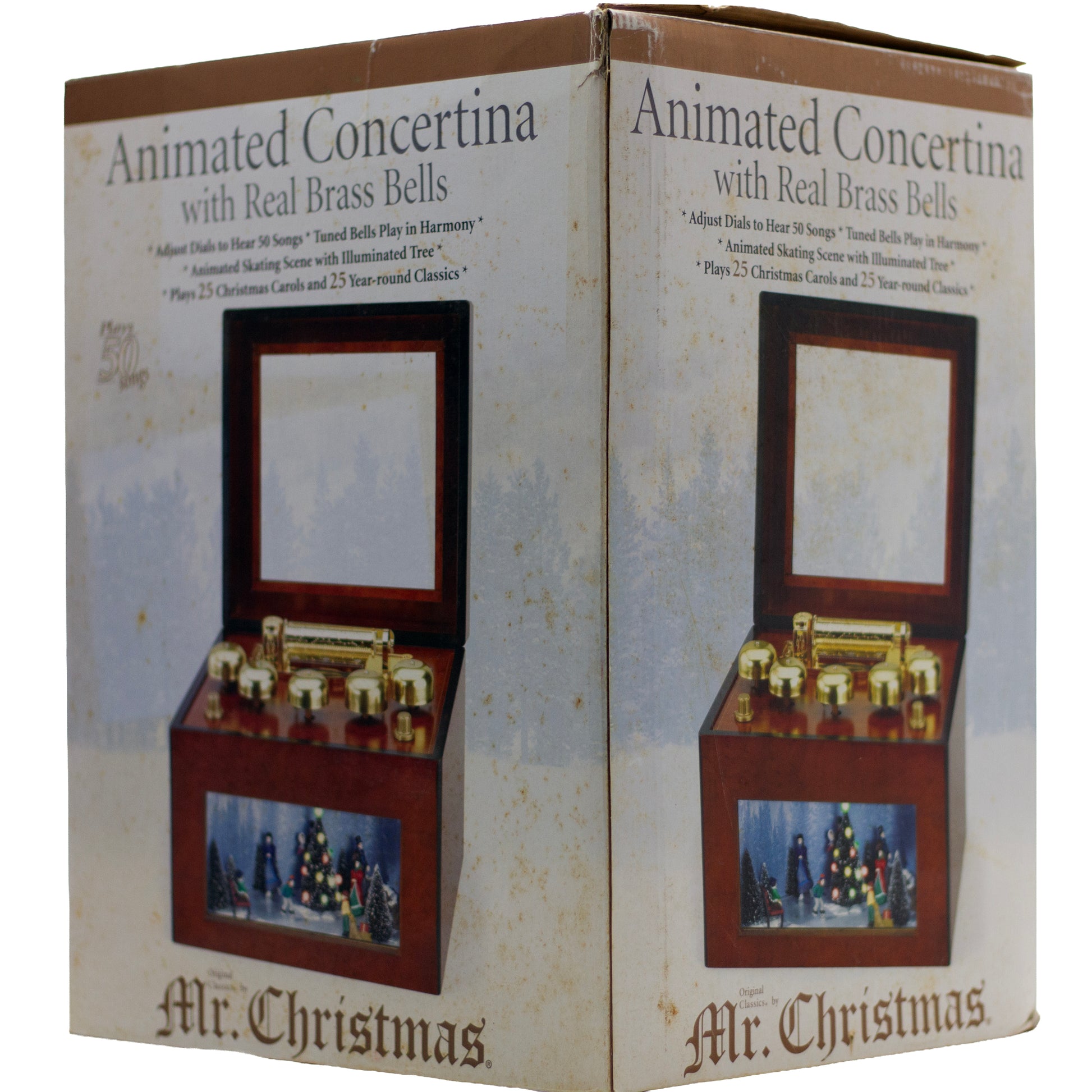 2006 Mr. Christmas Gold Label Animated Concertina with 50 songs, five real brass bells, animated skating scene, box, adapter and manual.