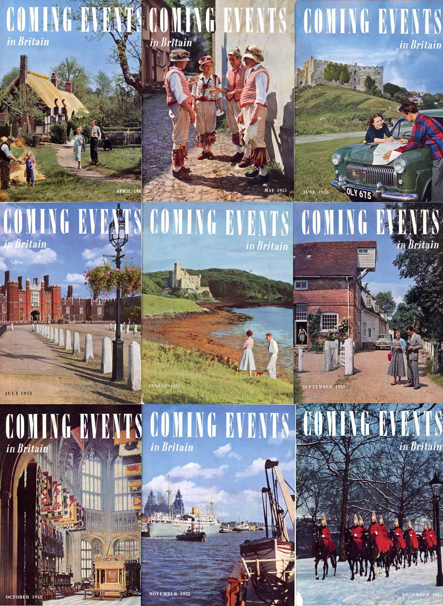 Shop 1955 Coming Events in Britain magazines. Vintage British travel issues with mid-century photography, culture, and advertising. Buy single issues.