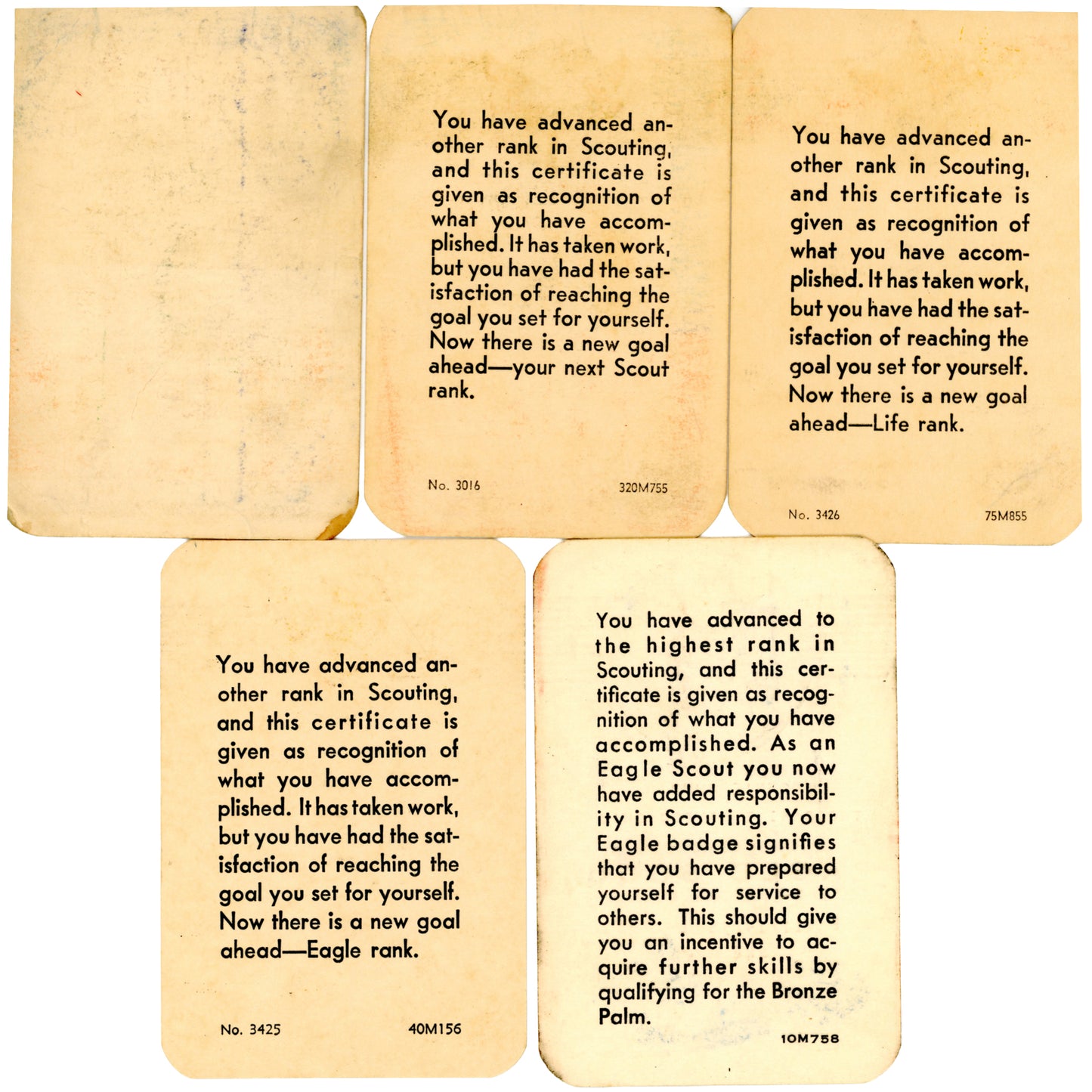 Complete 33-card Boy Scout archive documenting Ronnie Gump’s journey from Cub Scout to Eagle Scout, Trotwood Ohio, 1953-1959. 5 Advancement Cards Back.
