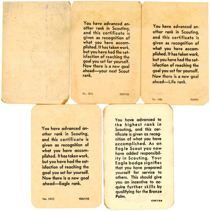 Complete 33-card Boy Scout archive documenting Ronnie Gump’s journey from Cub Scout to Eagle Scout, Trotwood Ohio, 1953-1959. 5 Advancement Cards Back.