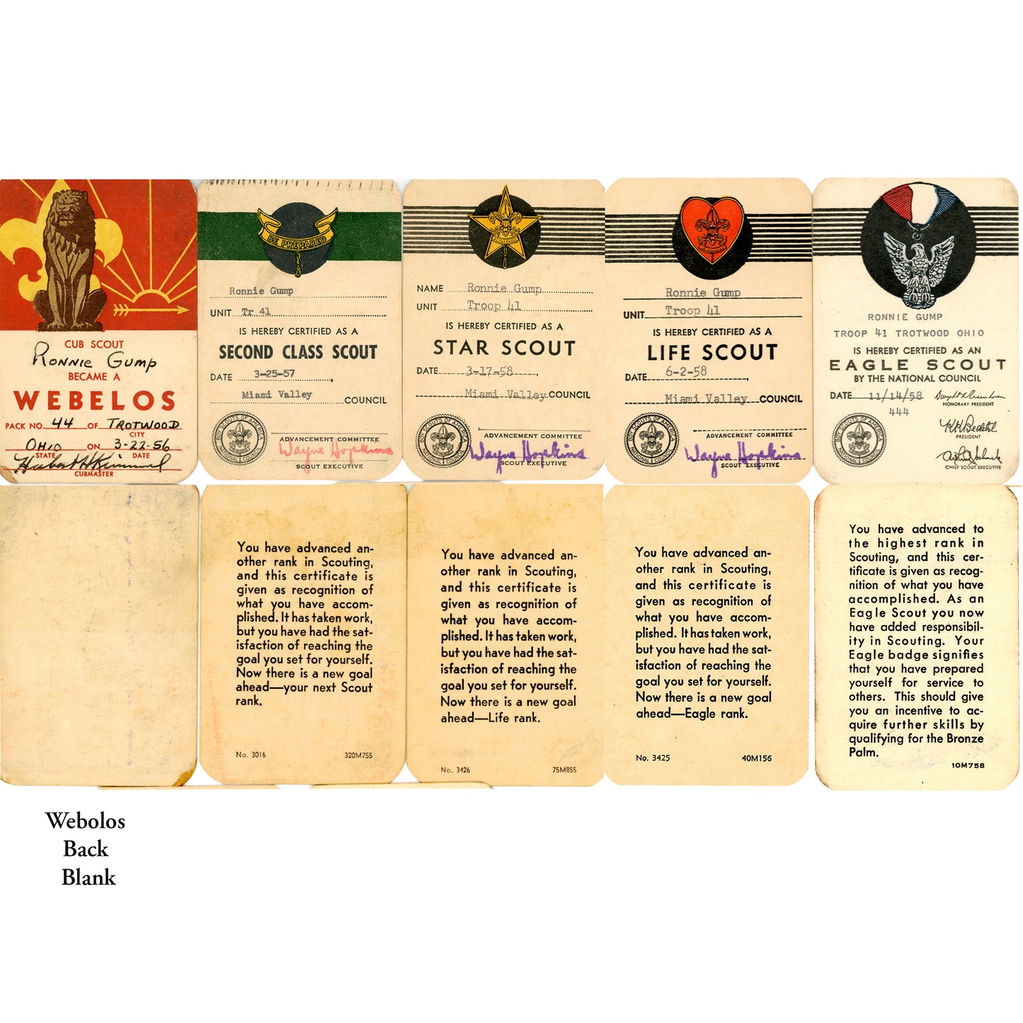 Complete 33-card Boy Scout archive documenting Ronnie Gump’s journey from Cub Scout to Eagle Scout, Trotwood Ohio, 1953-1959. 5 Advancement Cards Front and Back.