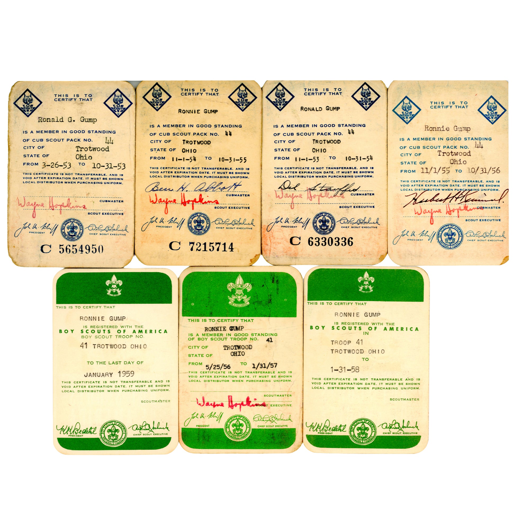 Complete 33-card Boy Scout archive documenting Ronnie Gump’s journey from Cub Scout to Eagle Scout, Trotwood Ohio, 1953-1959. 21 Merit Badge Cards  Front