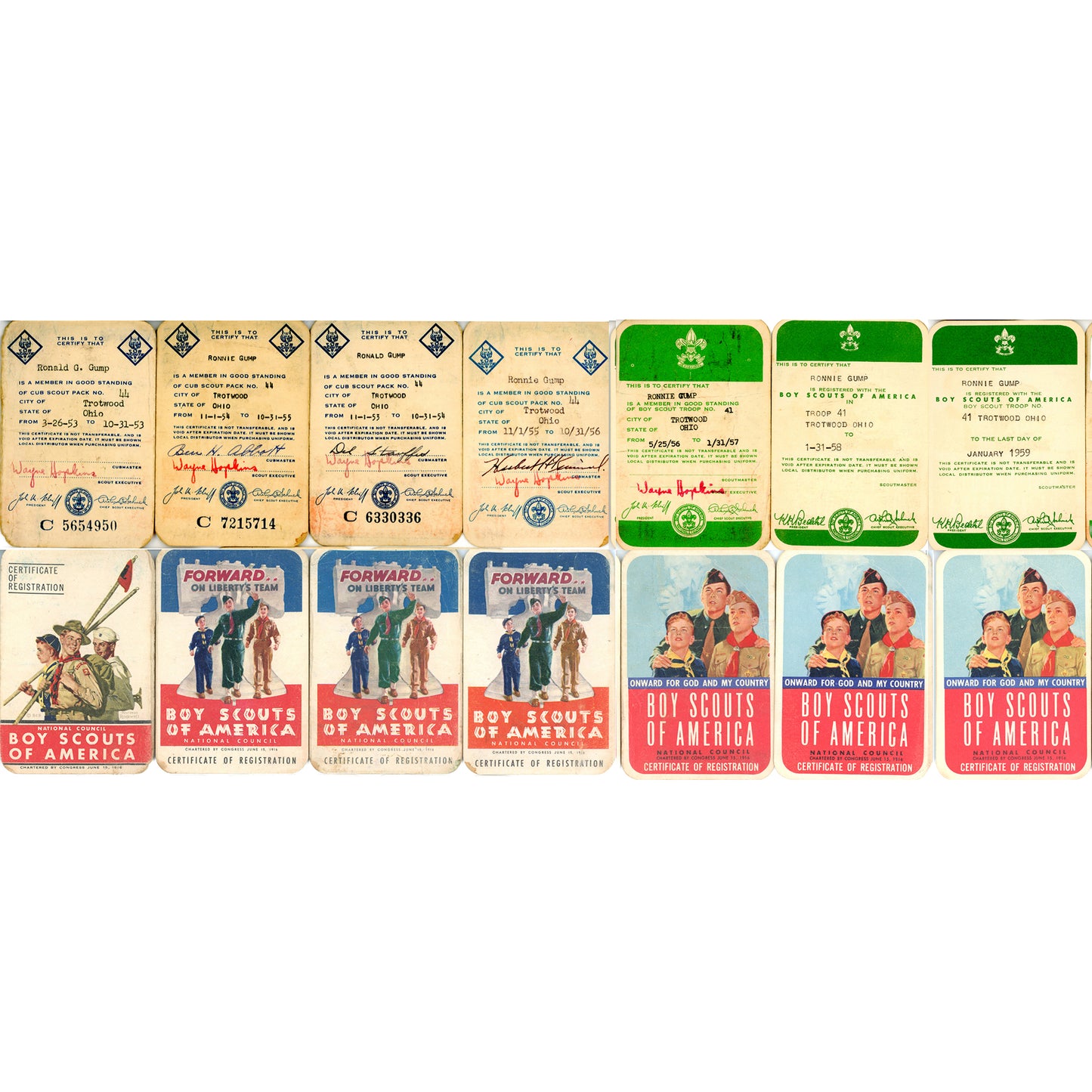 Complete 33-card Boy Scout archive documenting Ronnie Gump’s journey from Cub Scout to Eagle Scout, Trotwood Ohio, 1953-1959. 7 Registration Cards Front and Back.