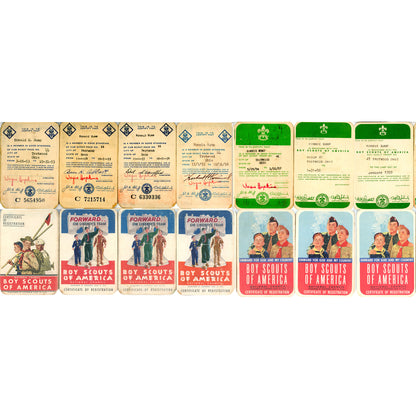 Complete 33-card Boy Scout archive documenting Ronnie Gump’s journey from Cub Scout to Eagle Scout, Trotwood Ohio, 1953-1959. 7 Registration Cards Front and Back.