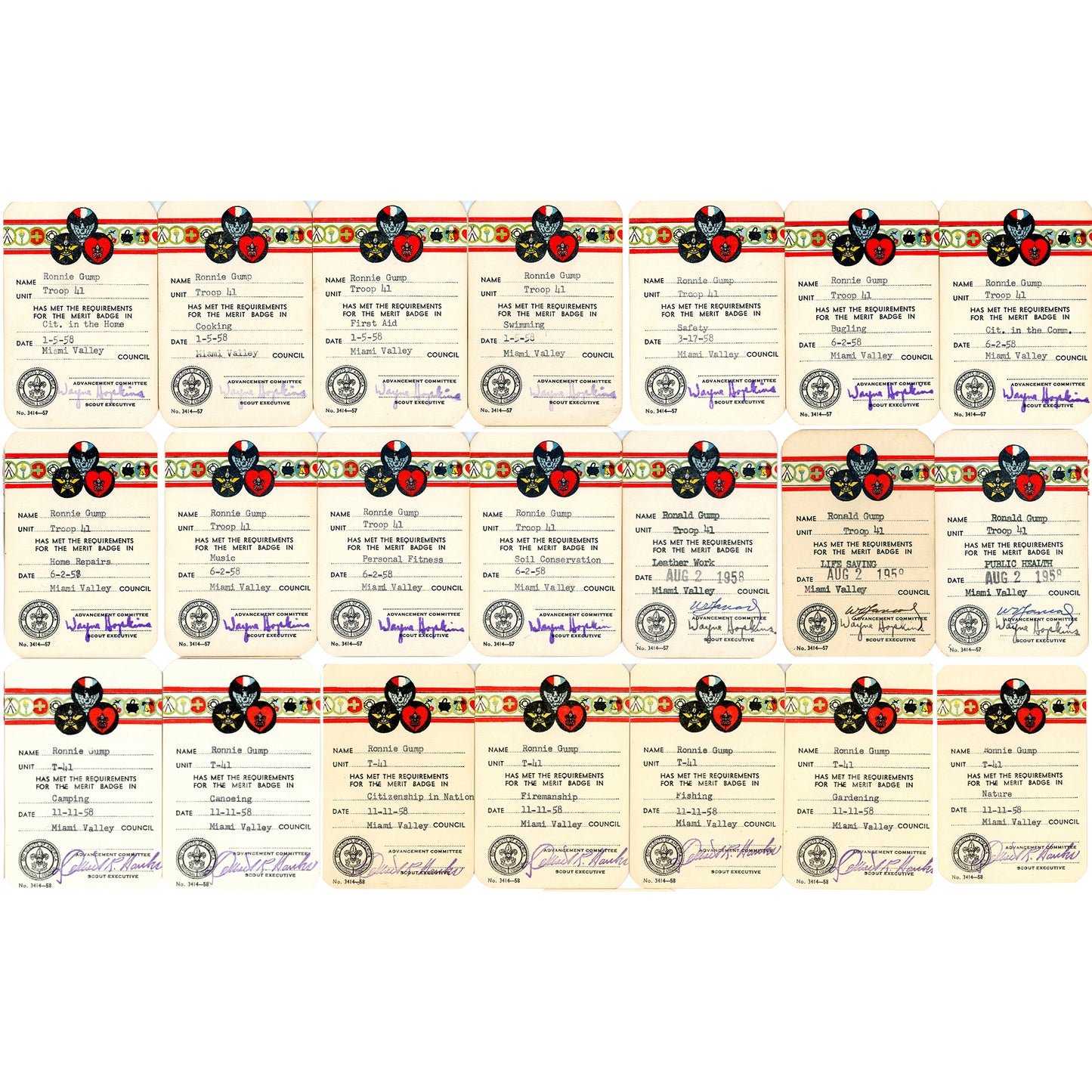 Complete 33-card Boy Scout archive documenting Ronnie Gump’s journey from Cub Scout to Eagle Scout, Trotwood Ohio, 1953-1959. 21 Merit Badge Cards