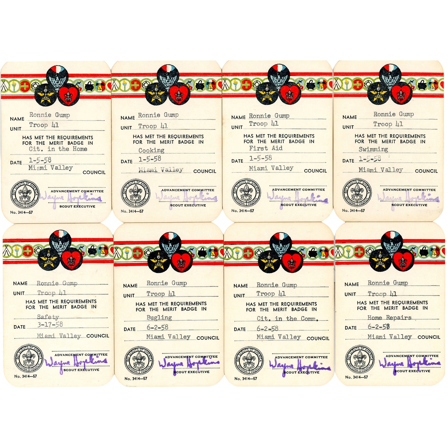 Complete 33-card Boy Scout archive documenting Ronnie Gump’s journey from Cub Scout to Eagle Scout, Trotwood Ohio, 1953-1959. 21 Merit Badge Cards  Set 1