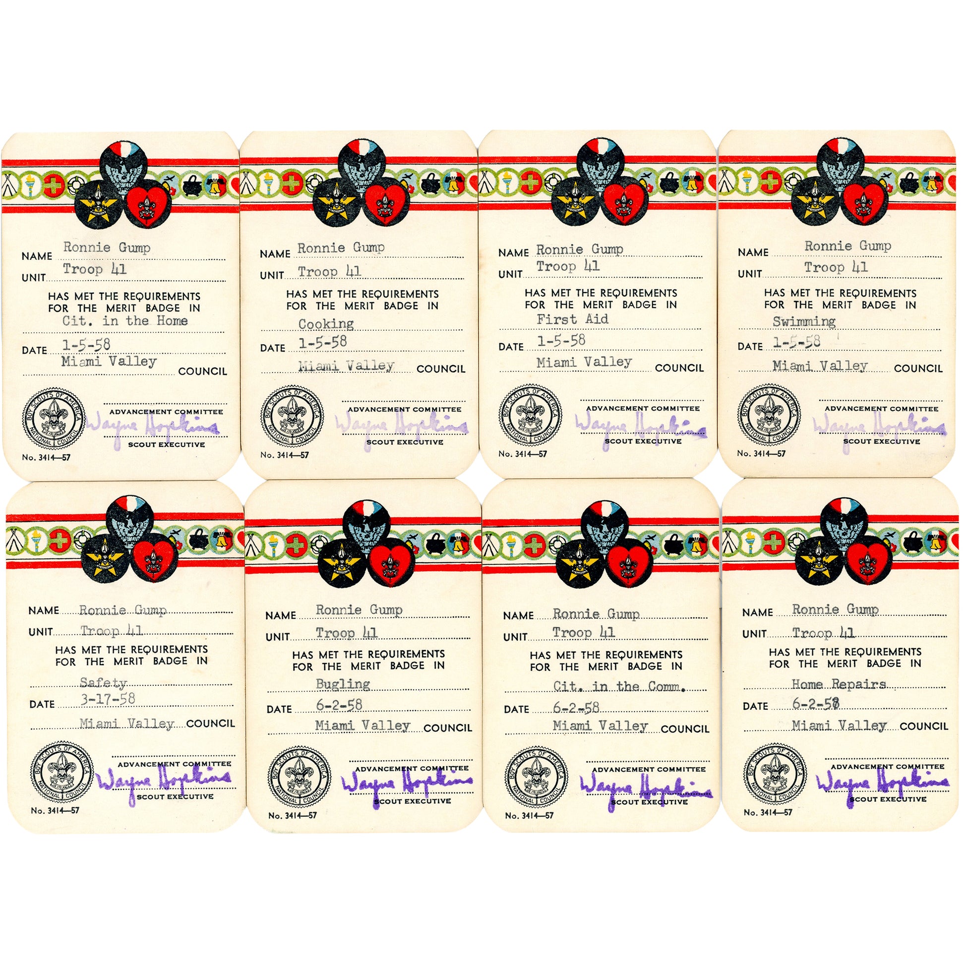 Complete 33-card Boy Scout archive documenting Ronnie Gump’s journey from Cub Scout to Eagle Scout, Trotwood Ohio, 1953-1959. 21 Merit Badge Cards  Set 1