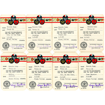 Complete 33-card Boy Scout archive documenting Ronnie Gump’s journey from Cub Scout to Eagle Scout, Trotwood Ohio, 1953-1959. 21 Merit Badge Cards  Set 1