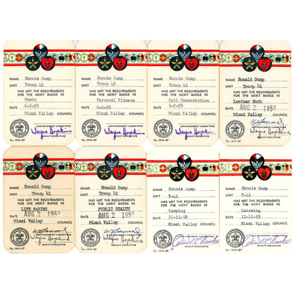 Complete 33-card Boy Scout archive documenting Ronnie Gump’s journey from Cub Scout to Eagle Scout, Trotwood Ohio, 1953-1959. 21 Merit Badge Cards  Set 2